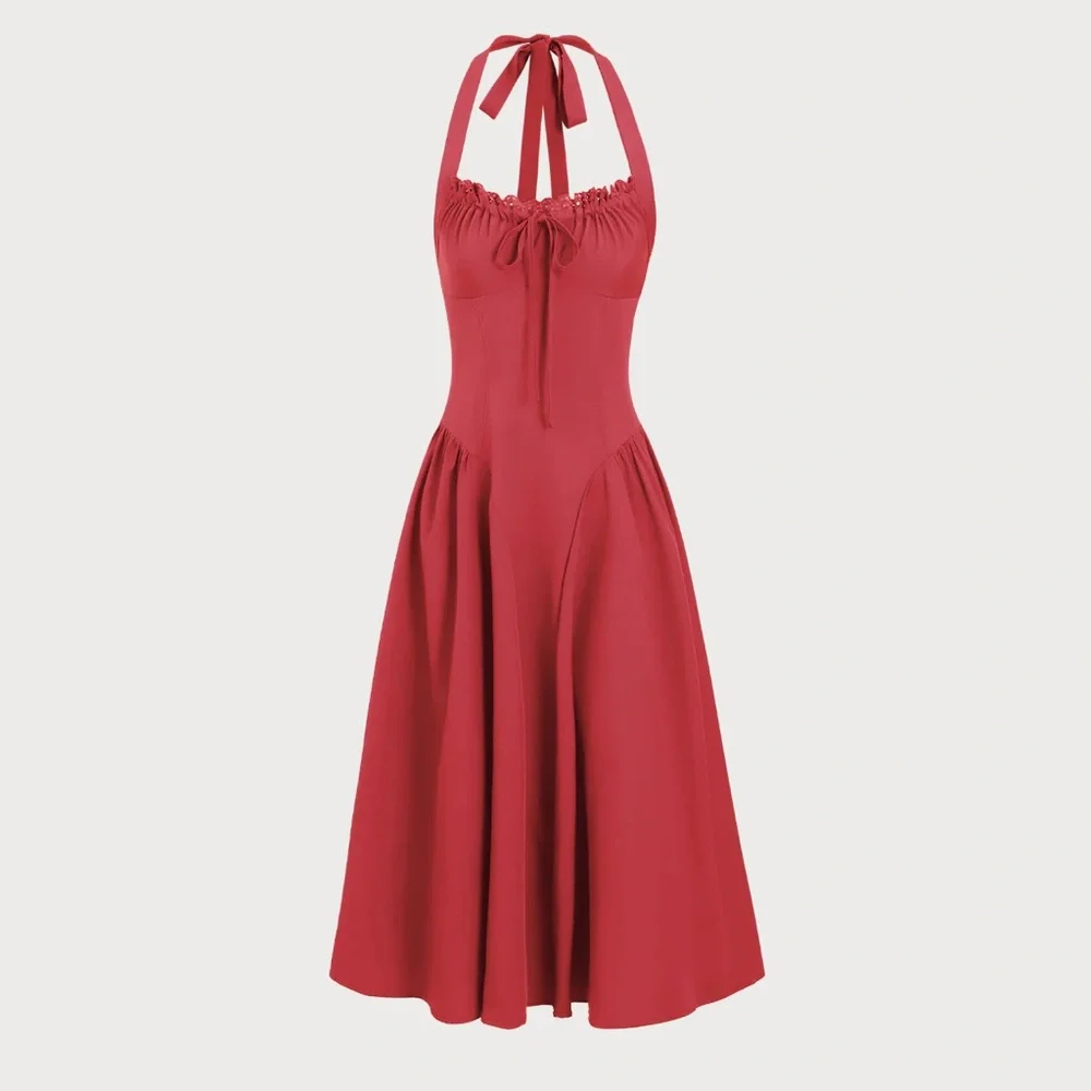 Rihoas Red Ruched Halter Midi Dress - Picture 5 of 8